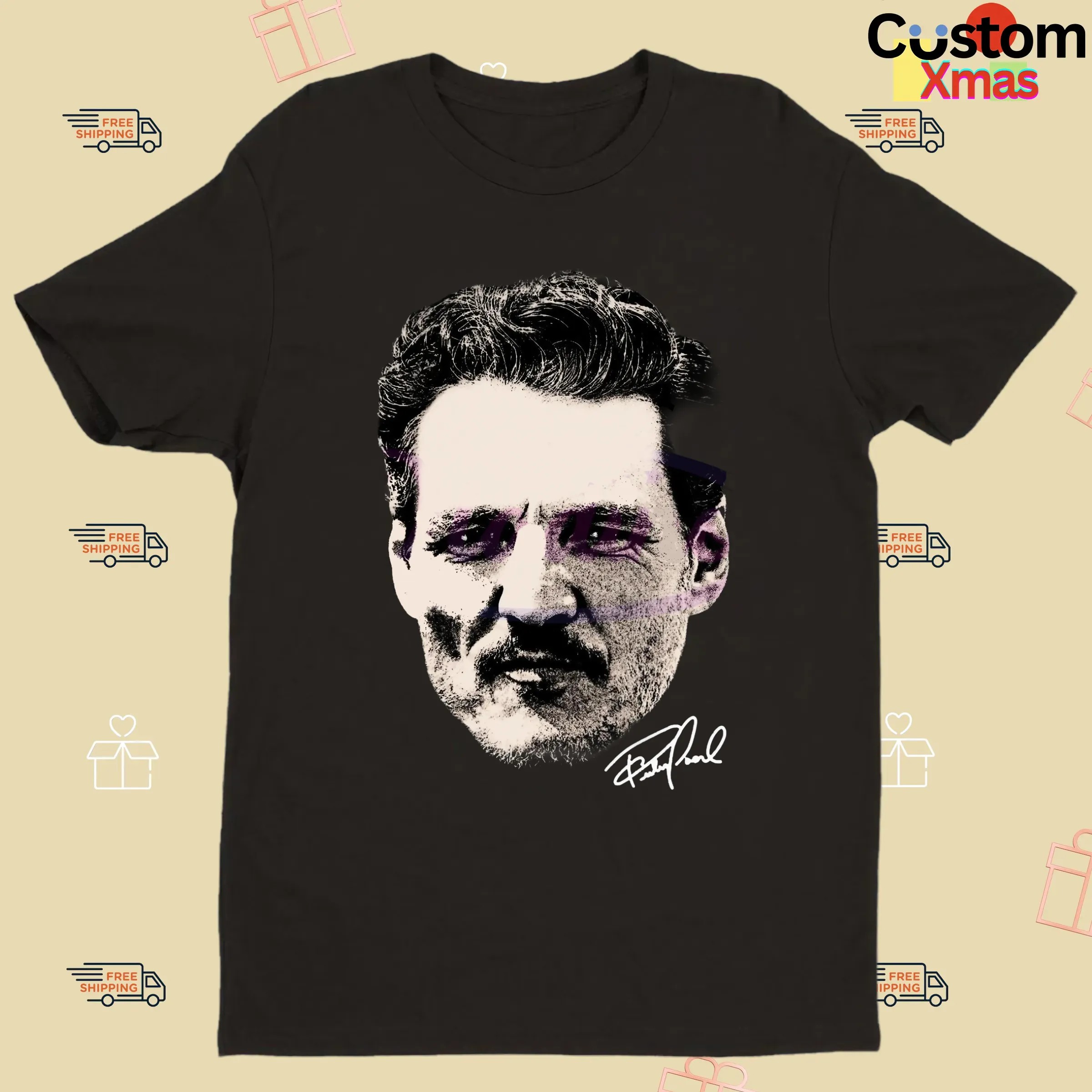Pedro Pascal Portrait Retro Fan Art Signature T Shirt