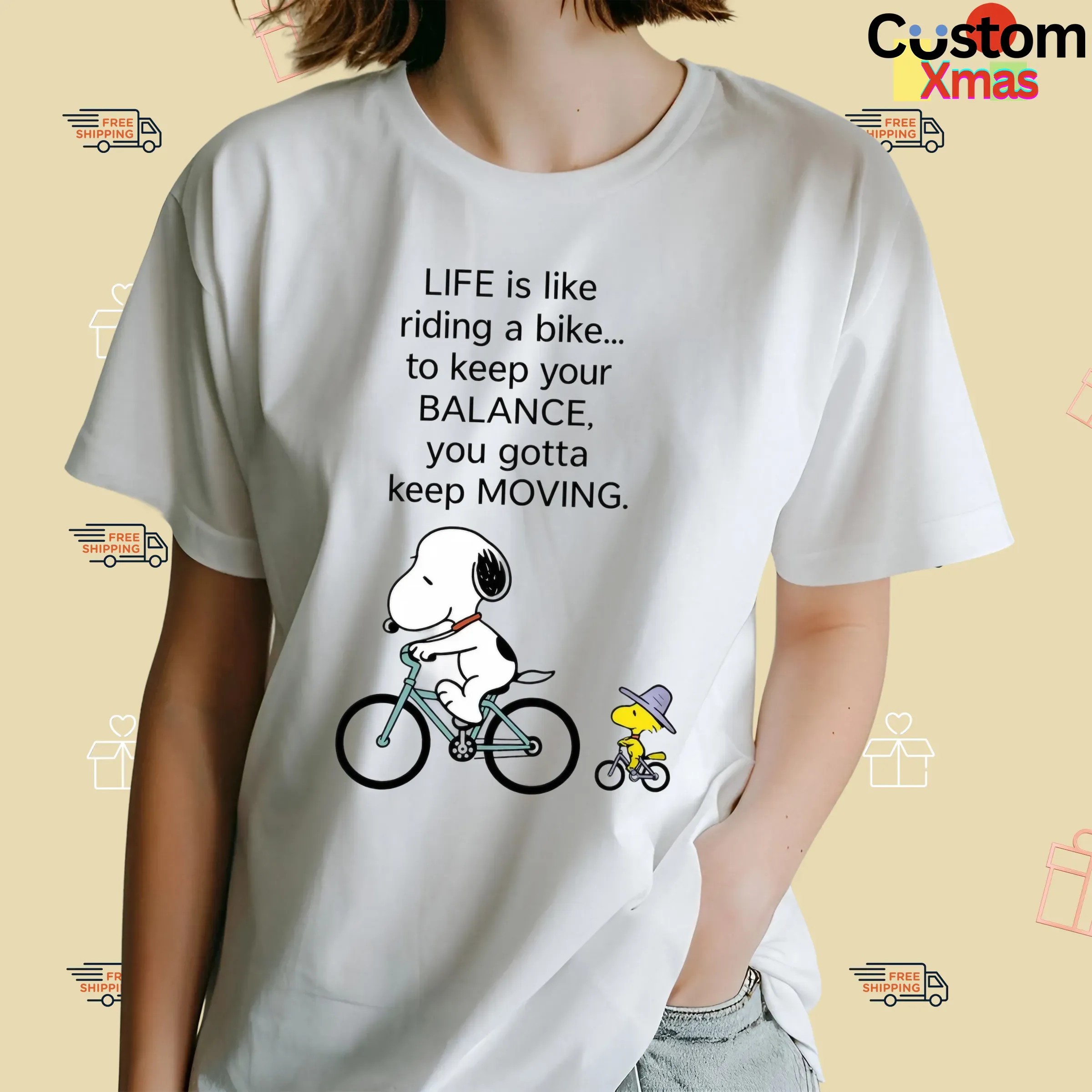 Snoopy And Woodstock Life Is Like Riding A Bike To Keep Your Balance You Gotta Keep Moving T Shirt