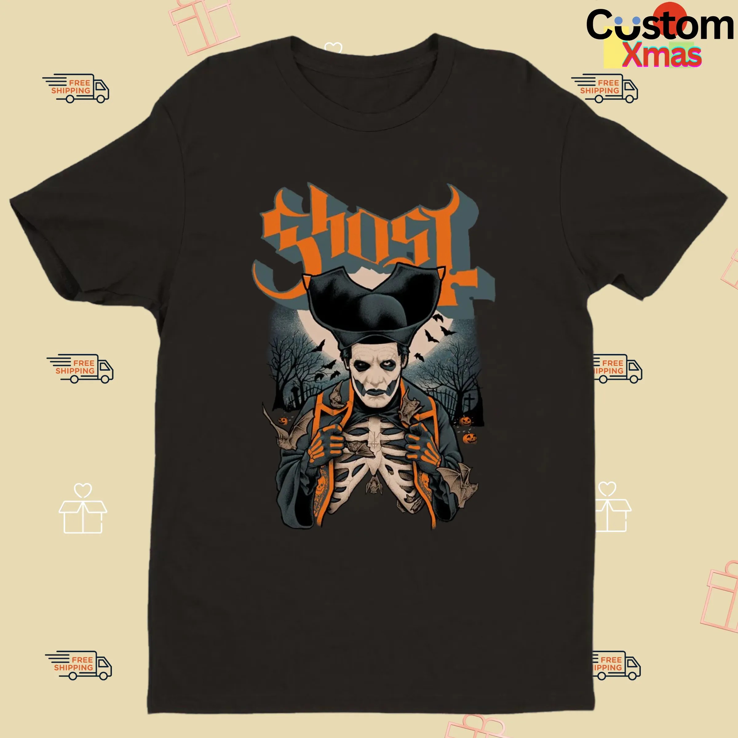 Ghost Ribs and Bats Band Halloween T Shirt